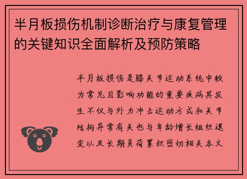 半月板损伤机制诊断治疗与康复管理的关键知识全面解析及预防策略